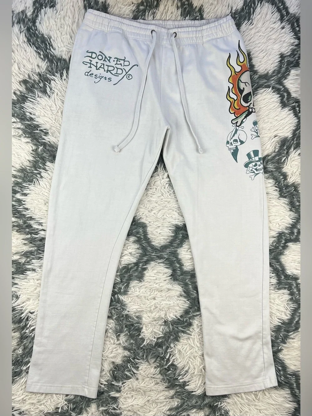 Ed Hardy Men's Ivory Flame Skull Fleece Sweatpants Size Large